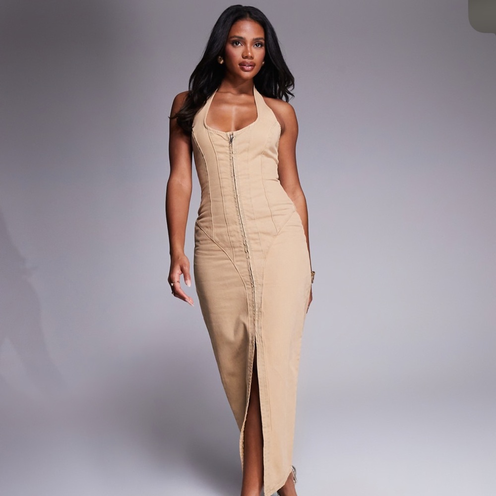 ASOS LUXE corset sculpted halter neck midi dress in tan wash